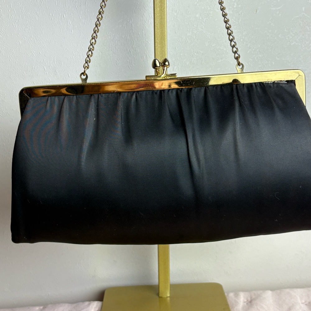 Vintage Black Handbag Evening Satin Kisslock